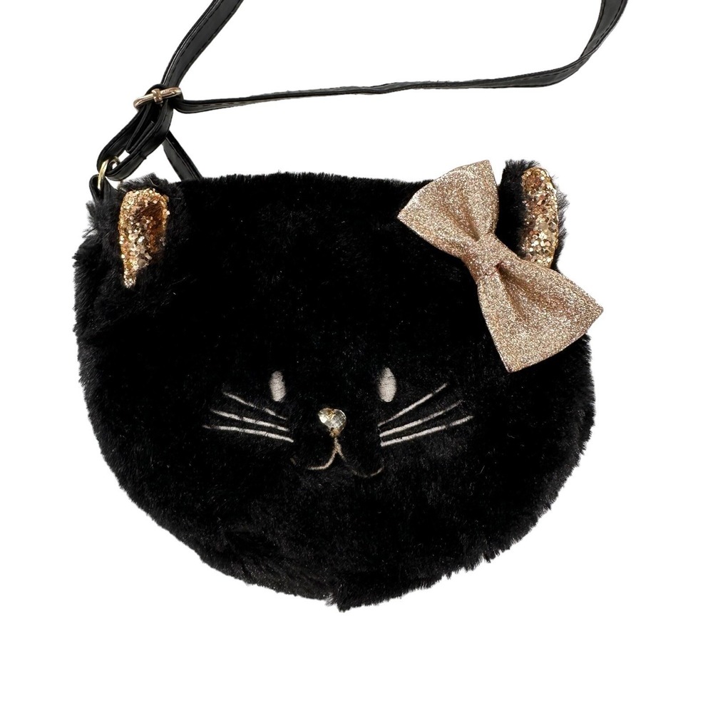 Vtg Retro Claires Club Furry Black Cat Crossbody Purse Bag Kitty Sequin